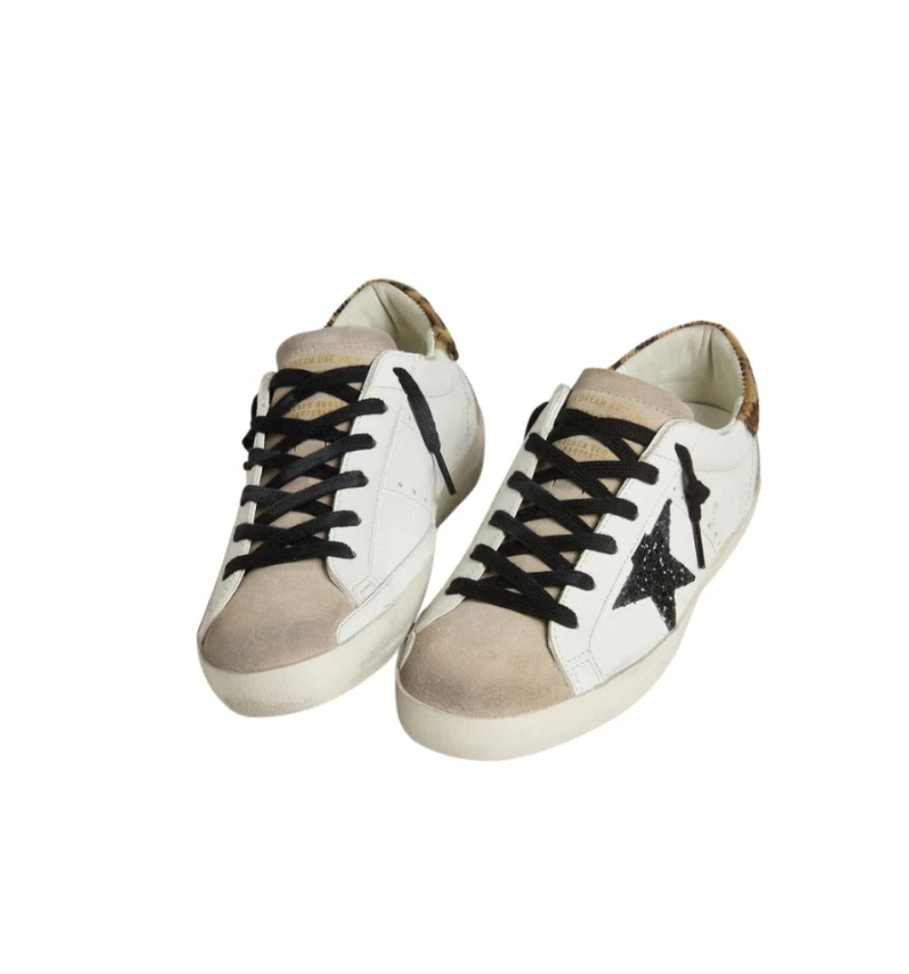 Tênis Golden Goose Black Glitter Star and Leopard-Print Pony Skin Heel — foto 3