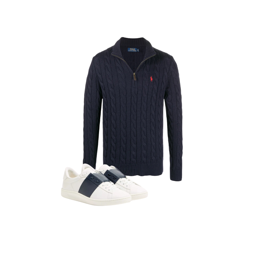 KIT Quartér-Zip Ralph Lauren Navy Blue + Tênis Valentino Garavani Blue