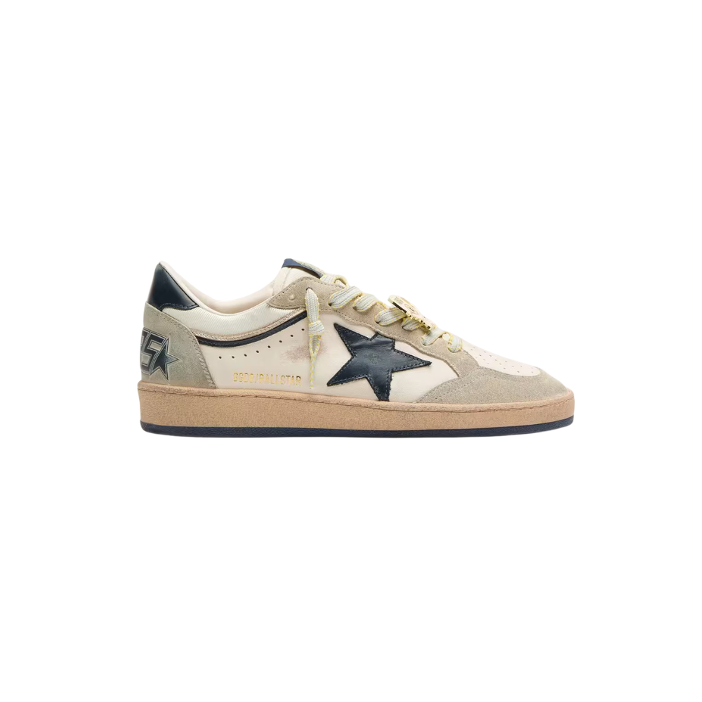 Golden Goose Ball Star LTD masculino de couro branco e suede cinza com estrela azul-escura e Skins aplicado
