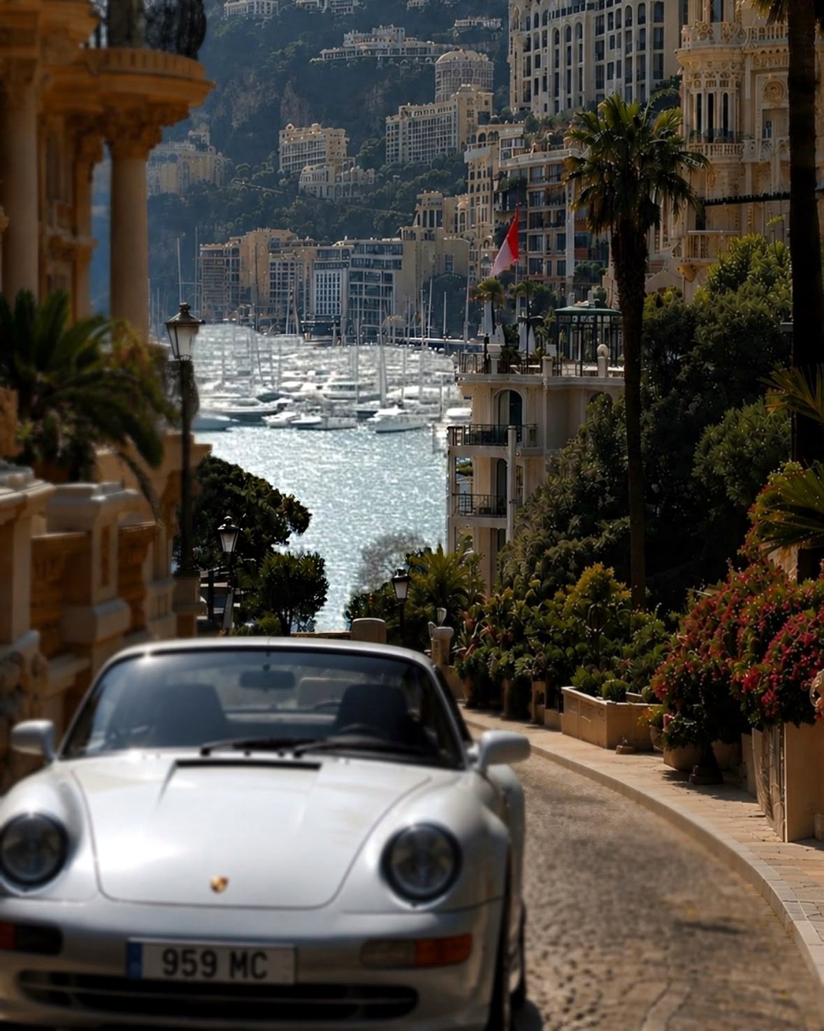 Porsche prateado descendo uma rua de Mônaco em direção ao porto